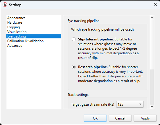 AdHawk Backend active pipeline settings